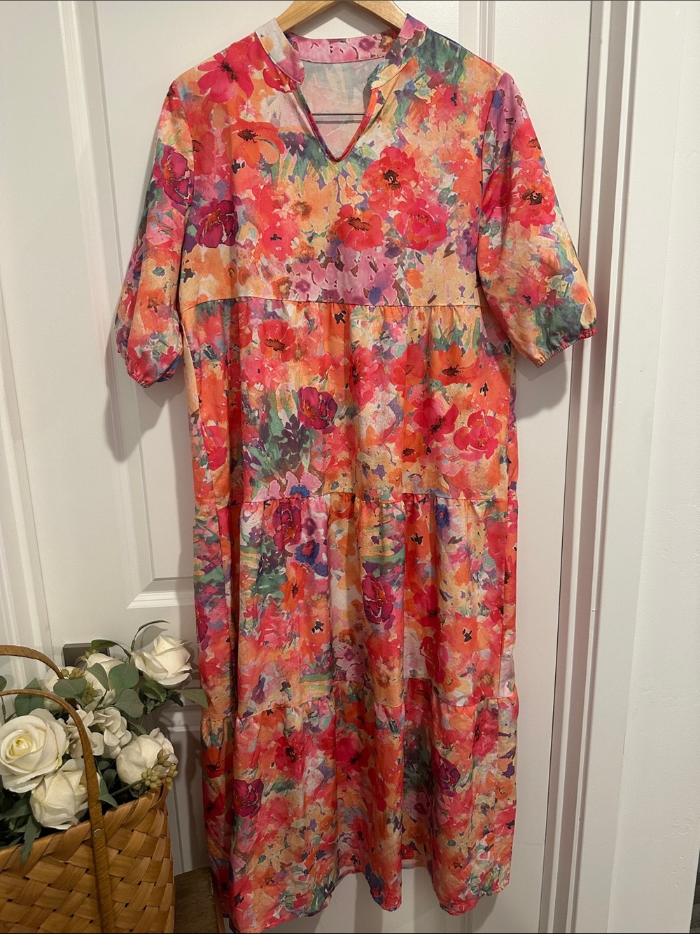 Vibrant Watercolor Floral Midi Dress in Coral and Pink